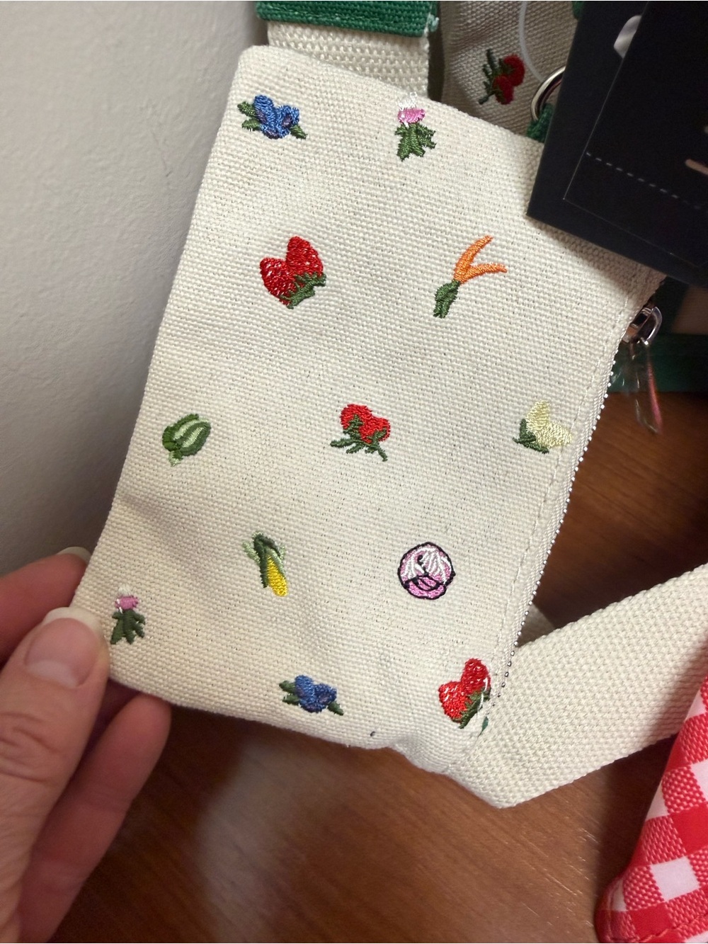 Madden Girl Green and Cream Embroidered Tote with Red Gingham Scarf - Picture 5 of 9